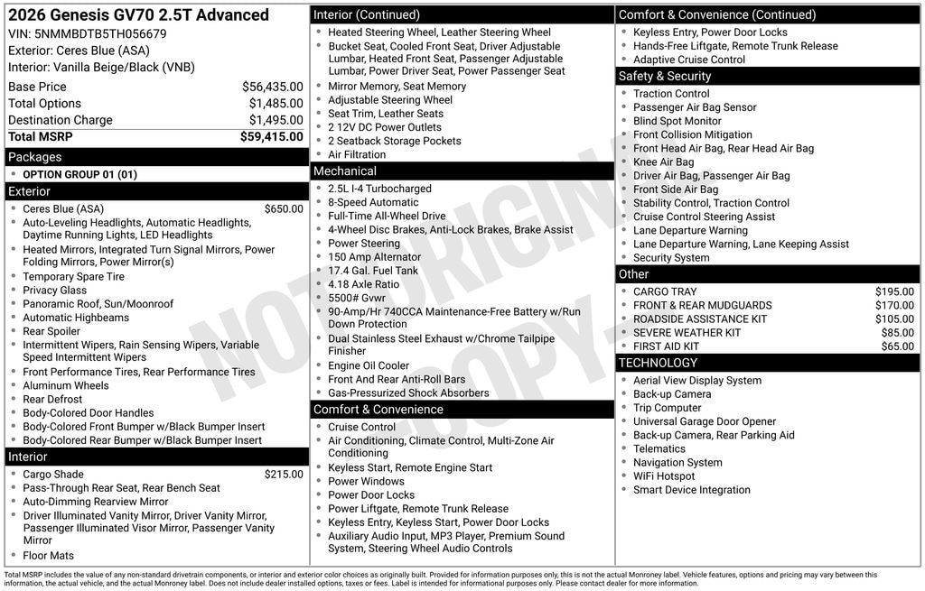 New 2026 Genesis GV70 2.5T Advanced SUV