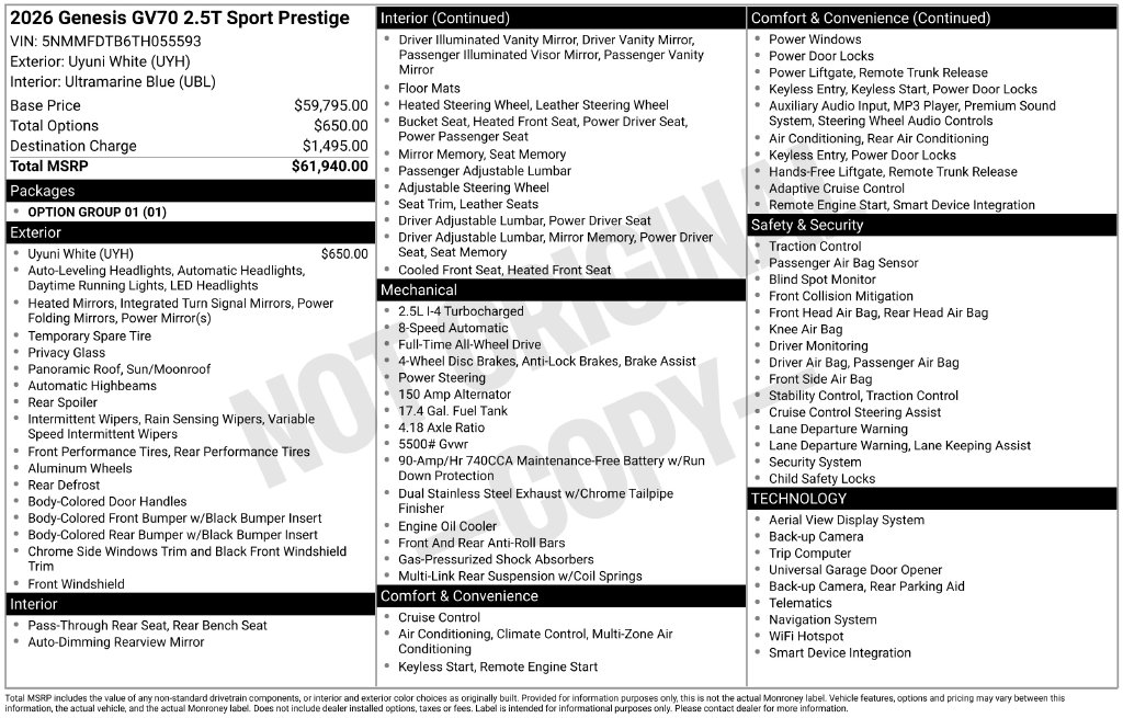 New 2026 Genesis GV70 2.5T Sport Prestige SUV