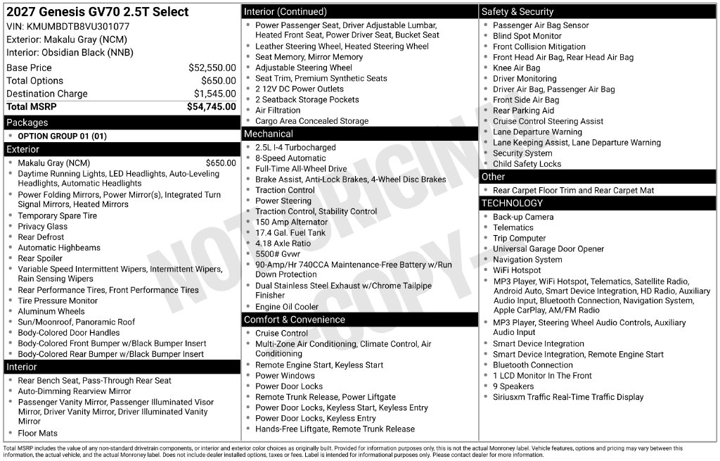 New 2027 Genesis GV70 2.5T Select SUV