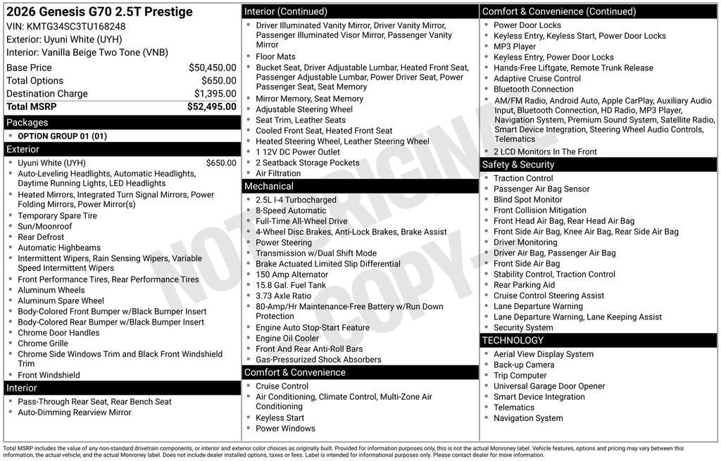 New 2026 Genesis G70 2.5T Prestige Sedan