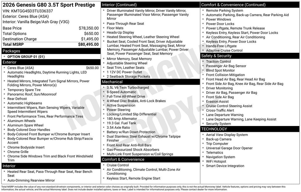 New 2026 Genesis G80 3.5T Sport Prestige Sedan