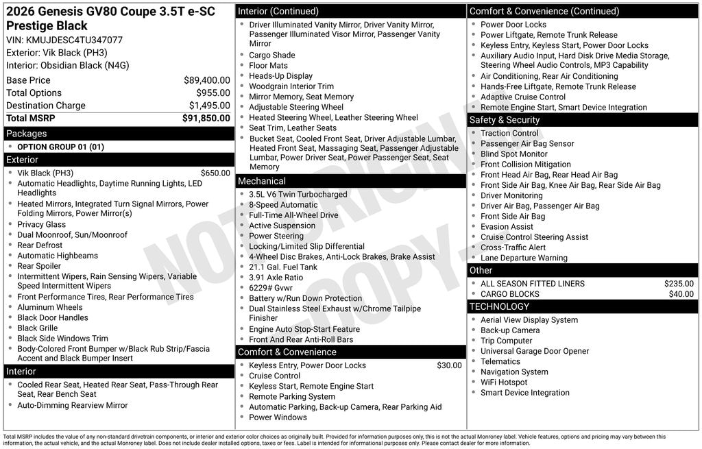 New 2026 Genesis GV80 Coupe 3.5T E-SC Mhev Prestige Black SUV