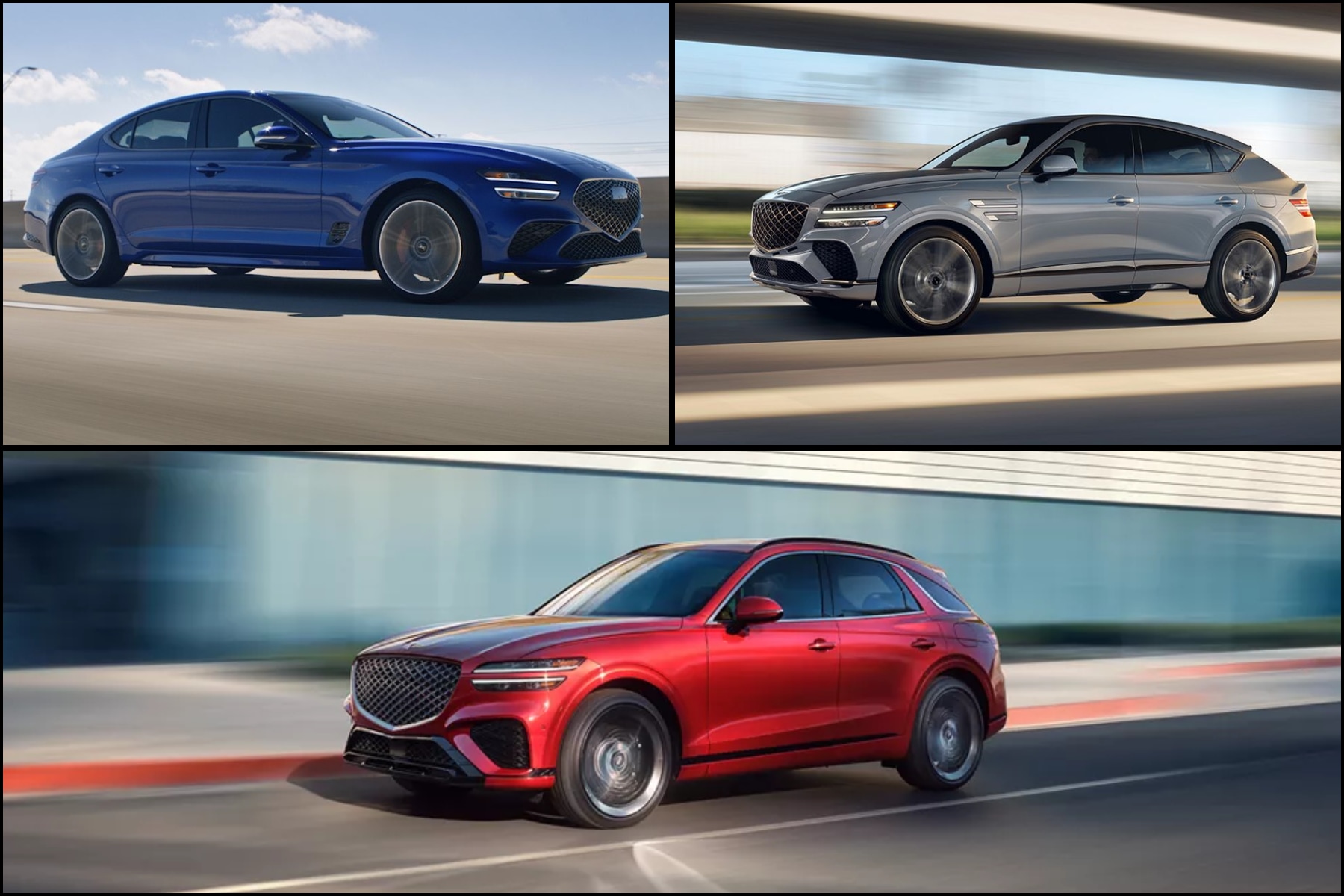 Collage of 2025 Genesis G70, GV80 Coupe, and GV70