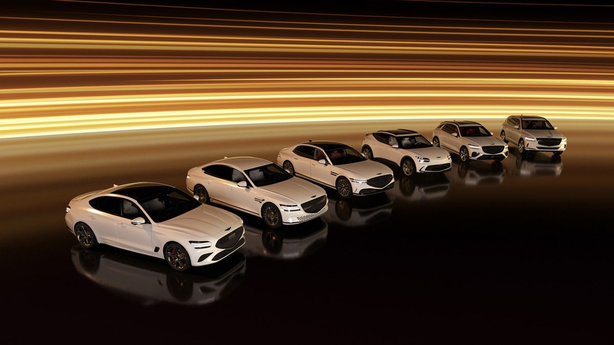 An array of white Genesis car and SUV models