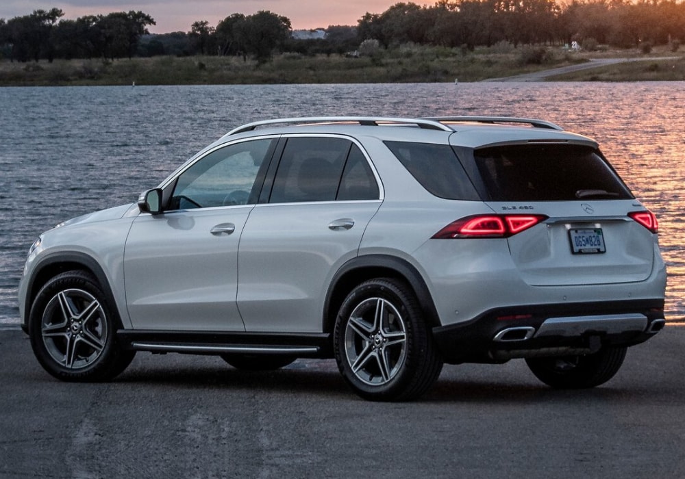 Rear side exterior view of a white 2020 Mercedes-Benz GLE 350