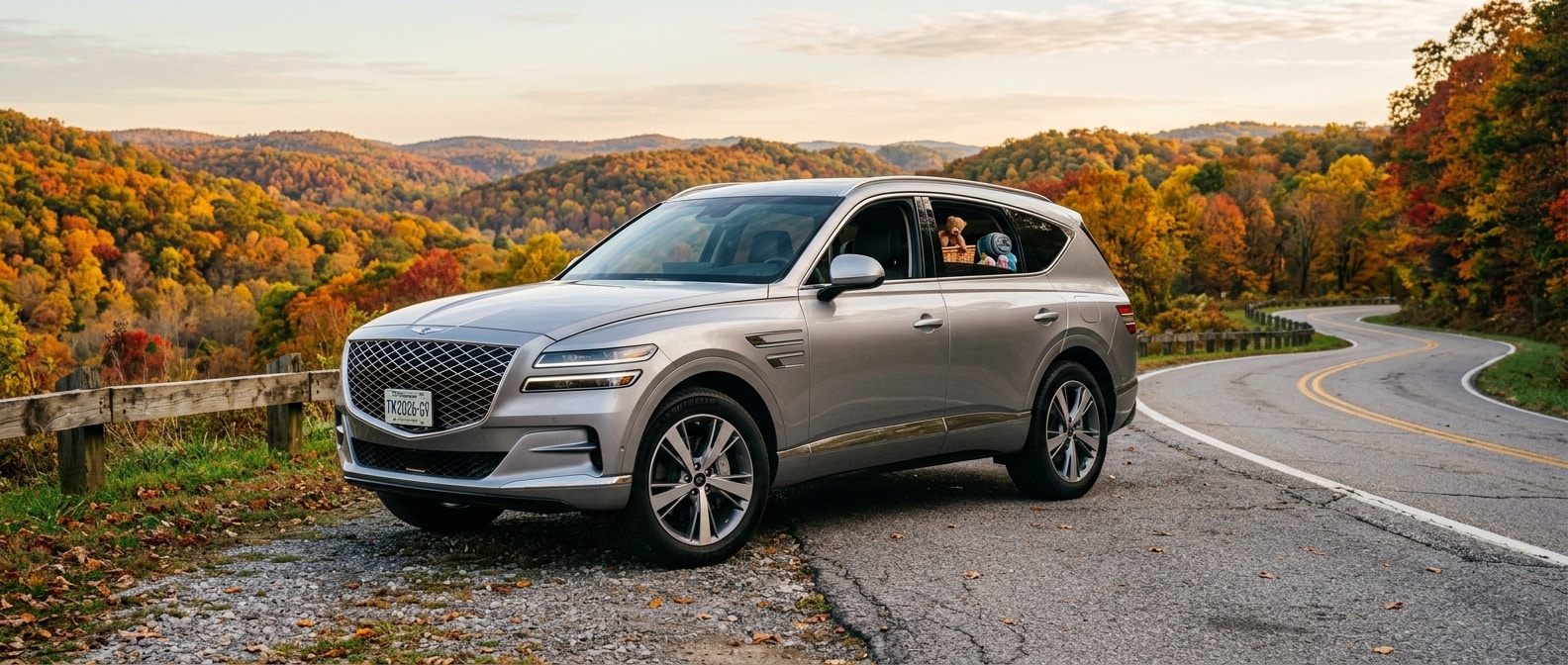 2026 Genesis GV80 on a Tennessee road with Middle Tennessee hills in autumn