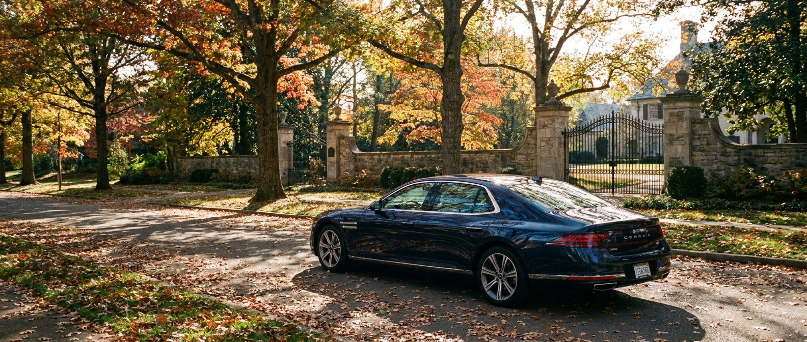2026 Genesis G90 parked on a tree-lined Belle Meade boulevard in Nashville, TN, with autumn foliage and estate homes in the background
