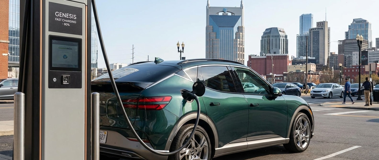 2027 Genesis GV60 plugged into a fast-charging station in Nashville, Tennessee on a clear summer day
