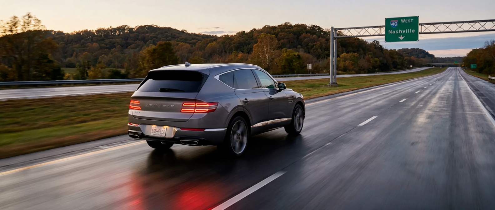 2026 Genesis GV80 on Tennessee interstate highway at dusk near Nashville