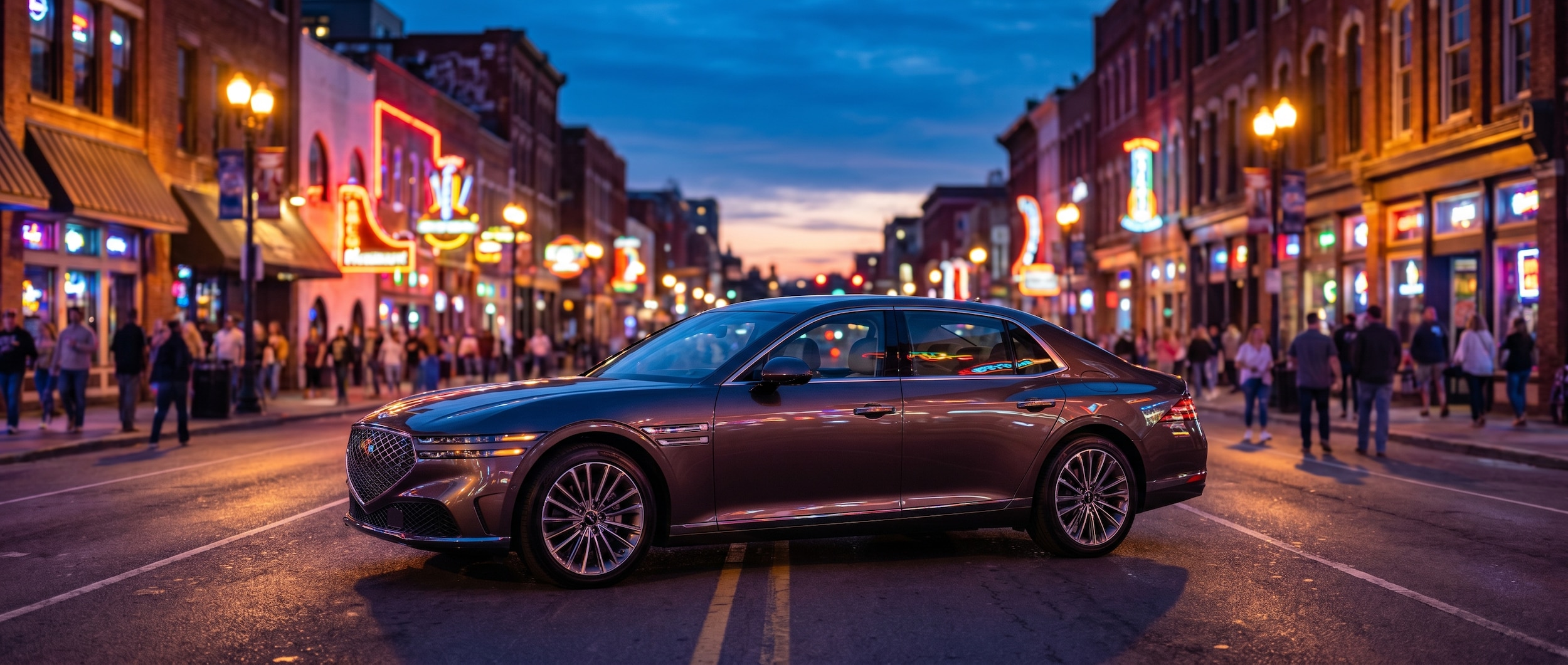 A sleek Genesis G90 parked in front of Nashville's illuminated Broadway district at dusk, with the vibrant lights of honky-tonks reflecting off the sedan's polished surface