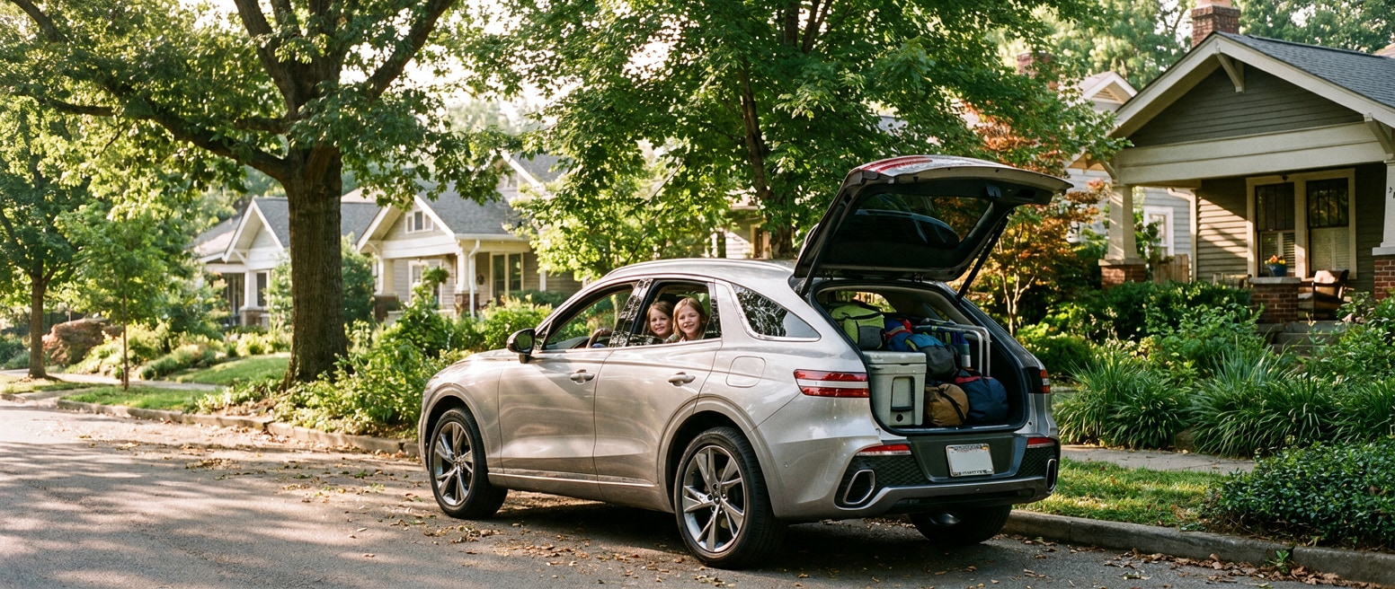 A 2026 Genesis GV70 in a warm silver finish parked on a tree-lined suburban Nashville street on a bright summer morning, rear hatch open with family gear loaded, kids visible through rear windows, lush green surroundings suggesting Middle Tennessee summer