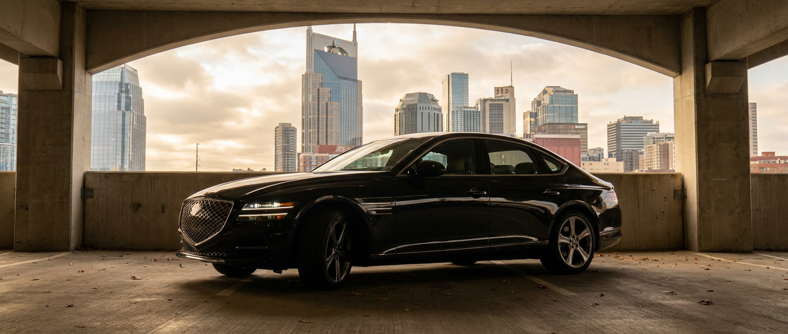 2026 Genesis G80 parked in a downtown Nashville parking garage, Brentwood commuter perspective