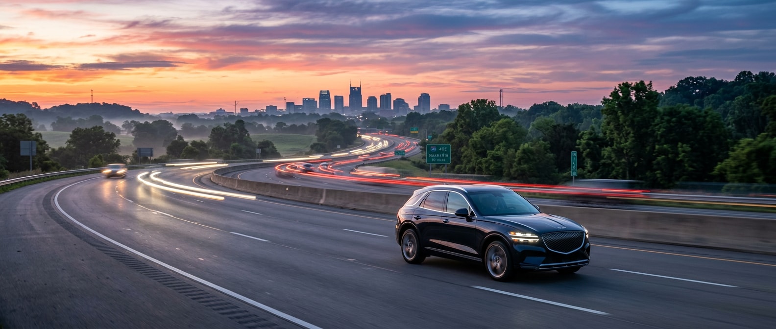 A 2026 Genesis GV70 in a dark jewel-tone paint photographed on a wide Tennessee interstate at dawn, light trails visible, Nashville skyline faintly visible in the distance, summer morning atmosphere