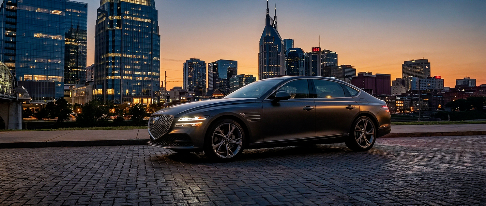 2026 Genesis G80 sedan parked in Nashville with city skyline in the background