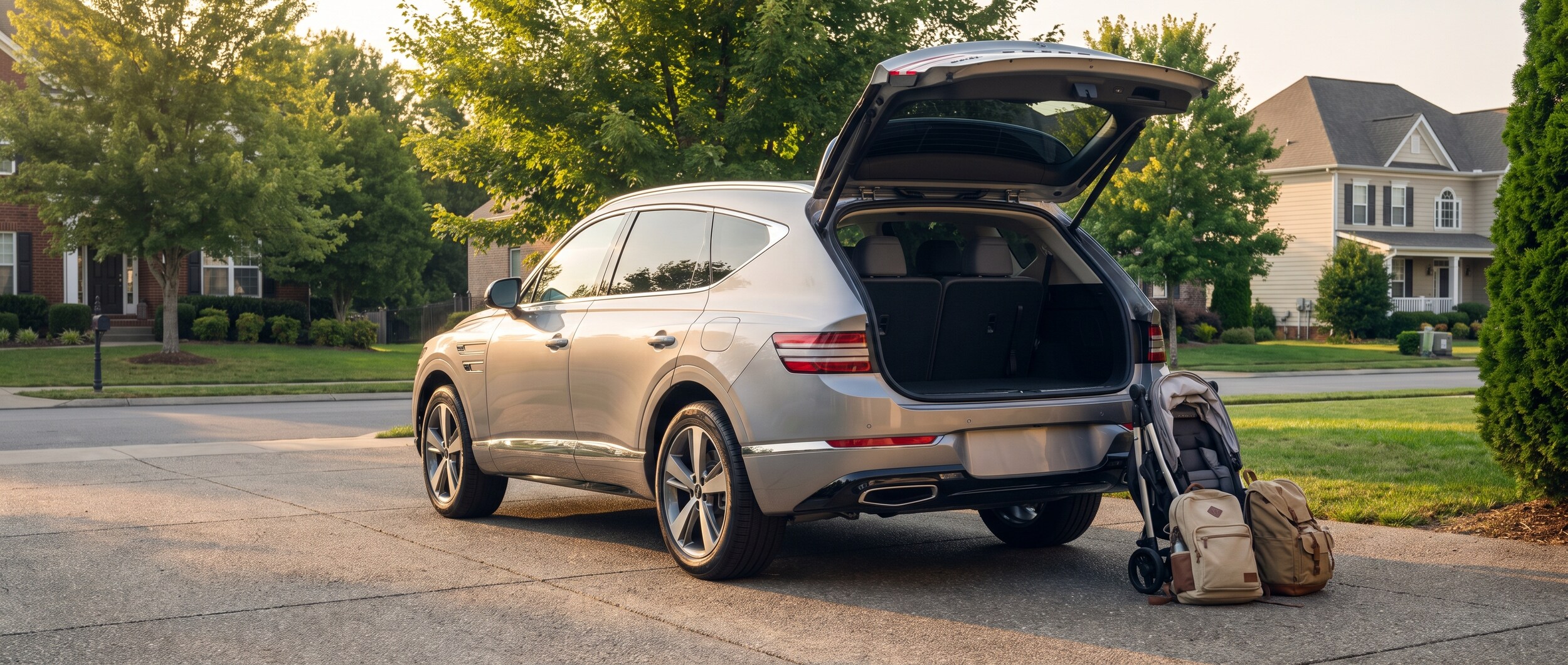 A silver or white Genesis GV80 three-row SUV parked in a suburban driveway with green trees in the background, rear liftgate open showing a spacious cargo area, a stroller and backpacks visible nearby, warm Tennessee late-afternoon light, clean and composed.