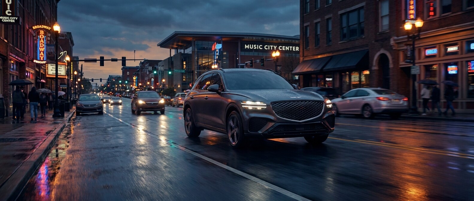 2026 Genesis GV70 driving on a rain-wet Nashville road at dusk with streetlight reflections on the asphalt