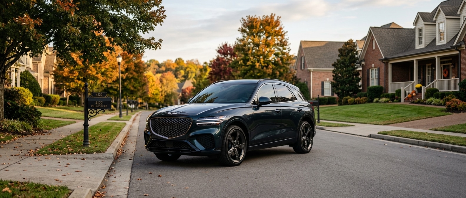 2027 Genesis GV70 parked on a tree-lined Franklin, Tennessee street in autumn morning light