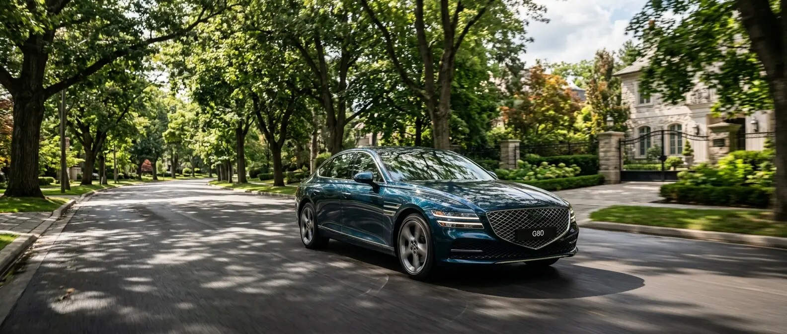 2027 Genesis G80 sedan driving along a tree-lined boulevard in Belle Meade, Nashville, Tennessee