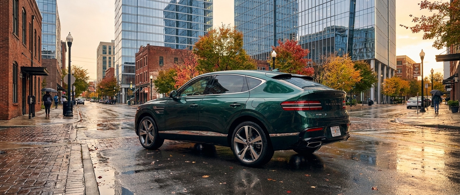 2026 Genesis GV80 Coupe parked in The Gulch Nashville with fall foliage and glass high-rise condos in the background