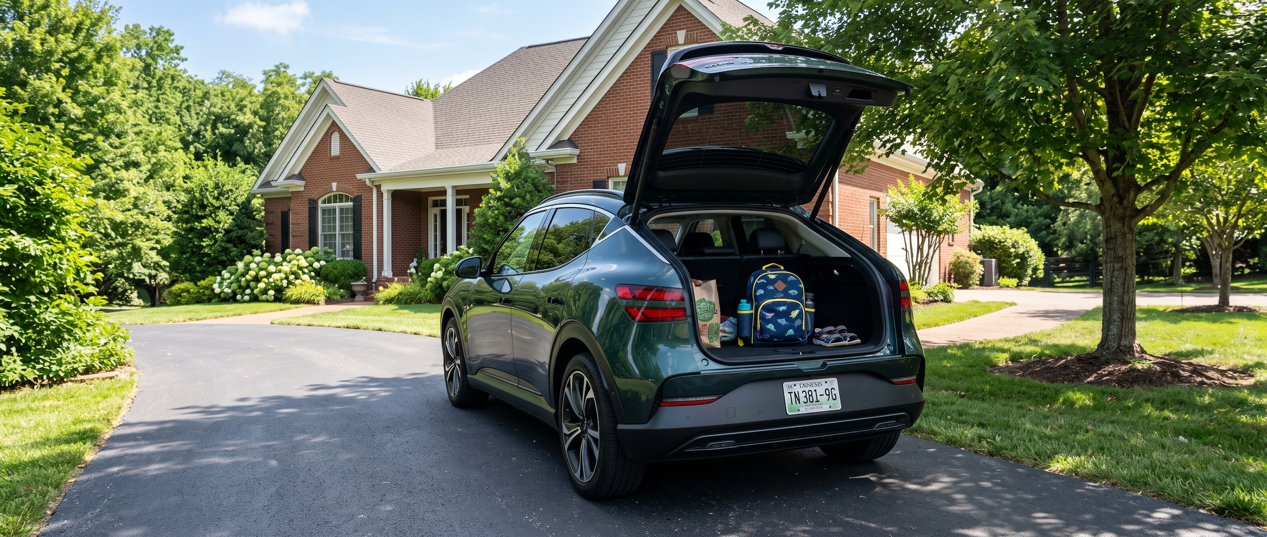 A 2026 Genesis GV60 in Tromso Green parked in a tree-lined Franklin, Tennessee neighborhood driveway on a sunny summer morning, rear liftgate open, with a child's backpack visible in the cargo area