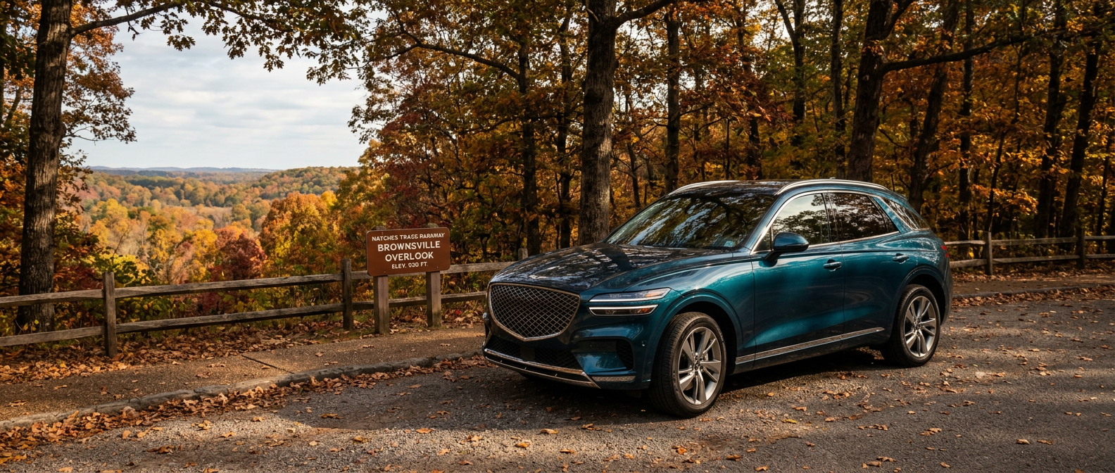 2027 Genesis GV70 at a Natchez Trace Parkway overlook during October fall foliage in Middle Tennessee