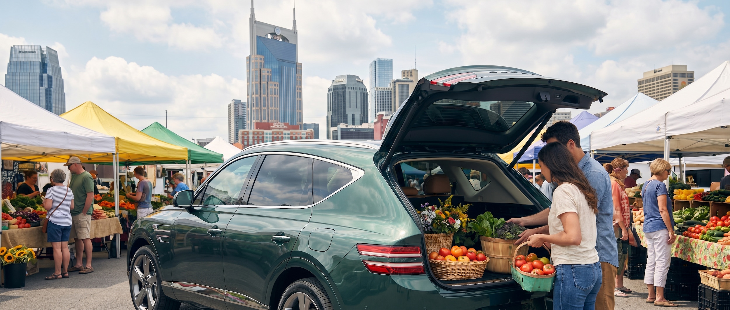 Lifestyle image of a Genesis vehicle parked at a bustling farmers market with fresh produce visible in the background and the Nashville skyline in the distance