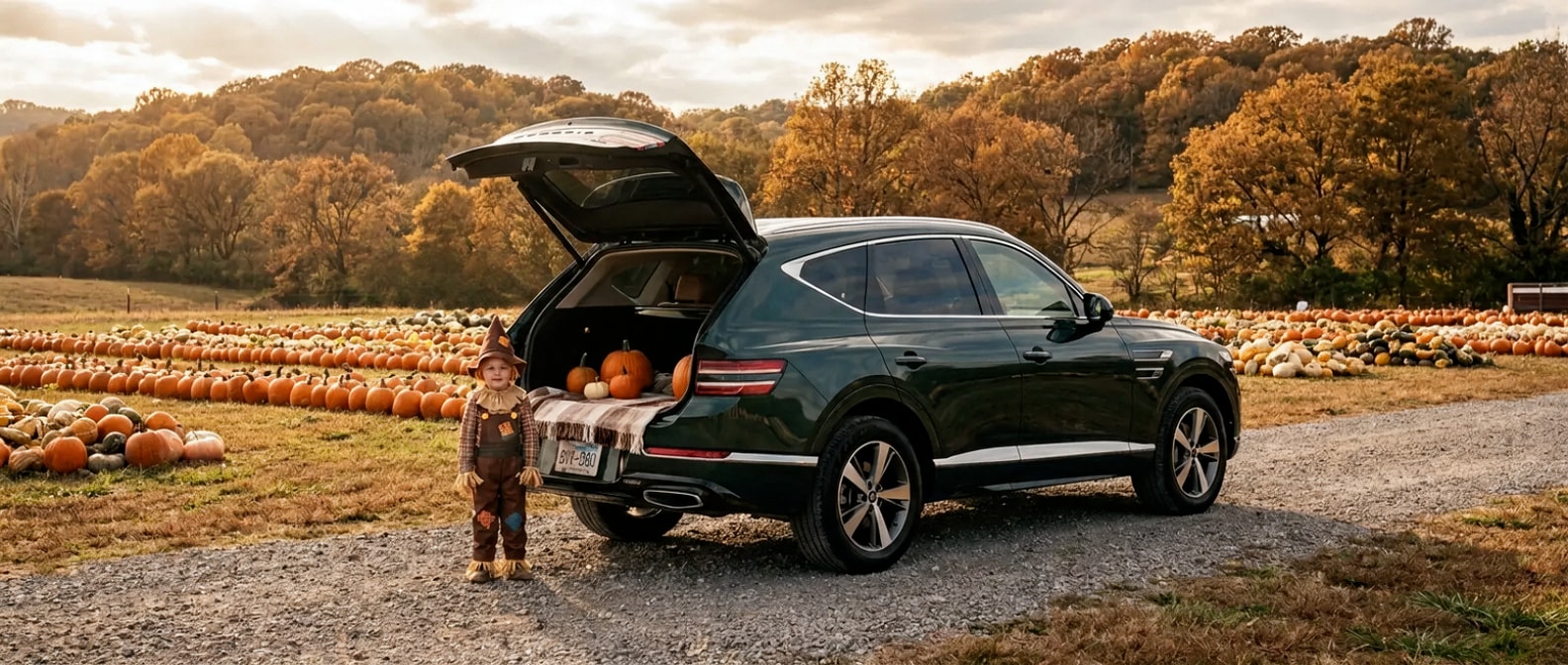 2026 Genesis GV80 at a Middle Tennessee pumpkin patch with orange pumpkins and fall foliage in the background
