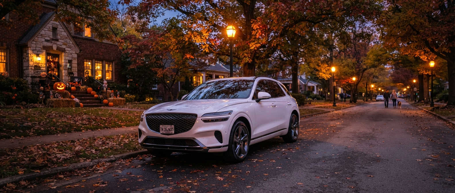 2026 Genesis GV70 on a Nashville street at dusk during Halloween weekend with fall foliage and ambient lighting