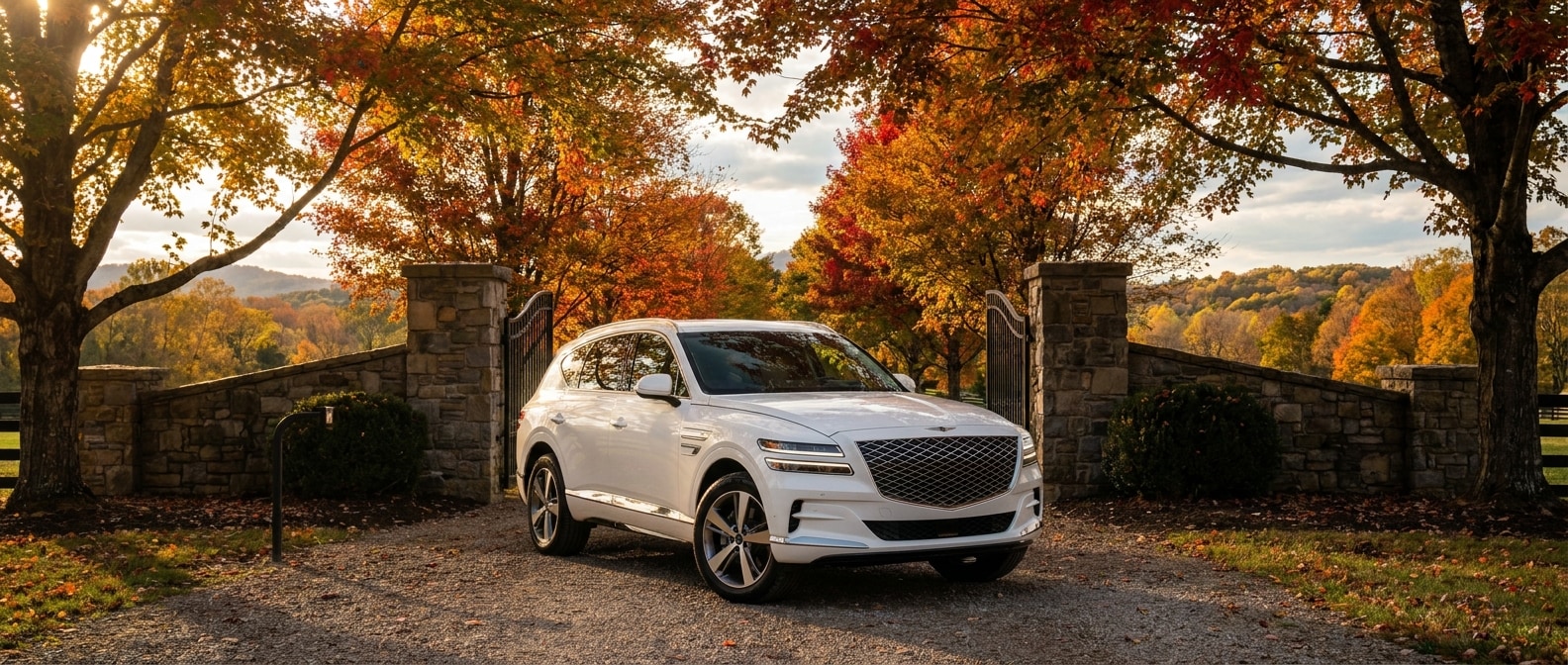 2026 Genesis GV80 parked near a Nashville estate entrance surrounded by fall foliage for Cheekwood Harvest