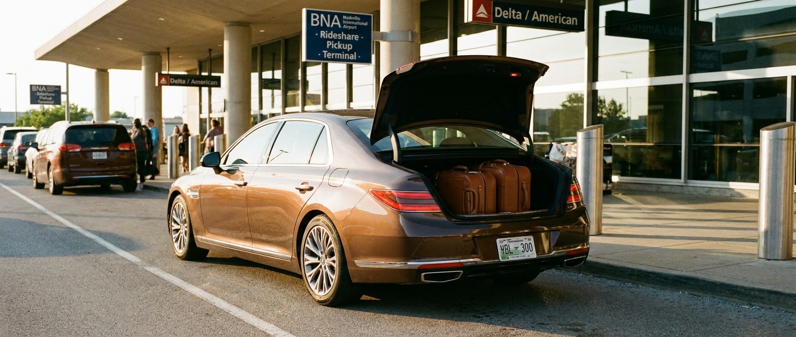 2026 Genesis G90 sedan with open trunk at Nashville BNA airport curbside pickup zone, luggage loaded for an executive airport run