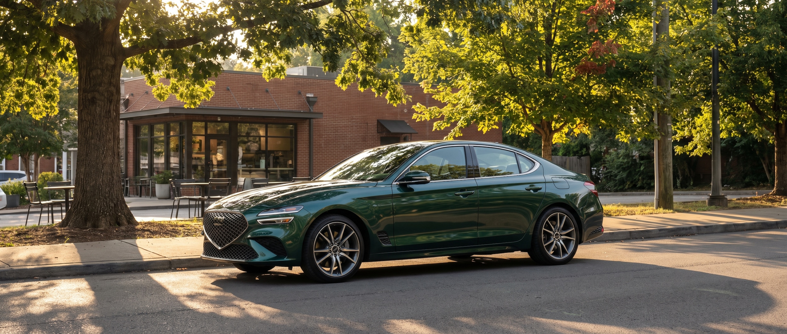 A 2026 Genesis G70 sedan in a deep metallic color parked on a tree-lined street in Hillsboro Village, Nashville, TN, with warm August morning light filtering through the canopy and a coffee shop visible in the background.