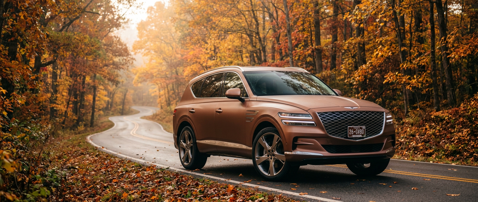 2026 Genesis GV80 on a fall morning in Middle Tennessee surrounded by autumn foliage
