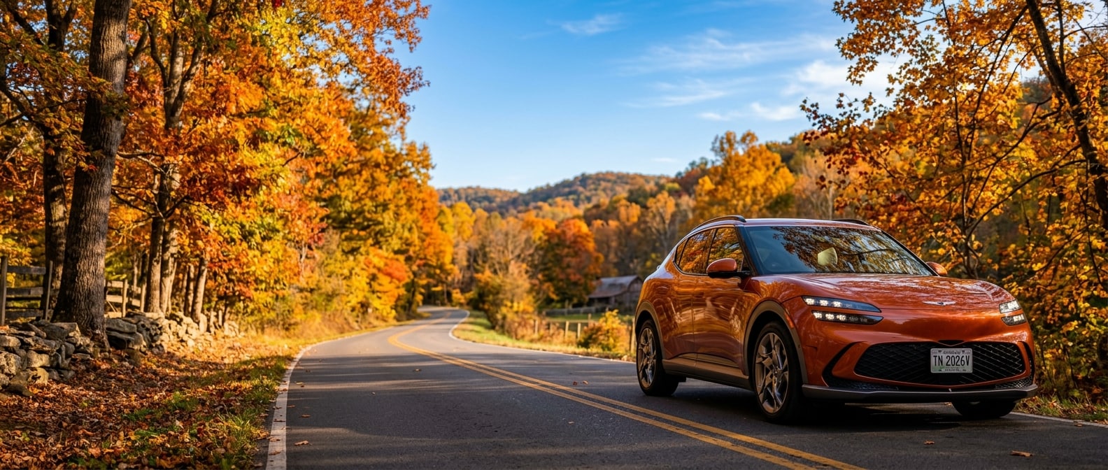 2026 Genesis GV60 on a fall foliage drive near Nashville, Tennessee, surrounded by orange and gold autumn leaves