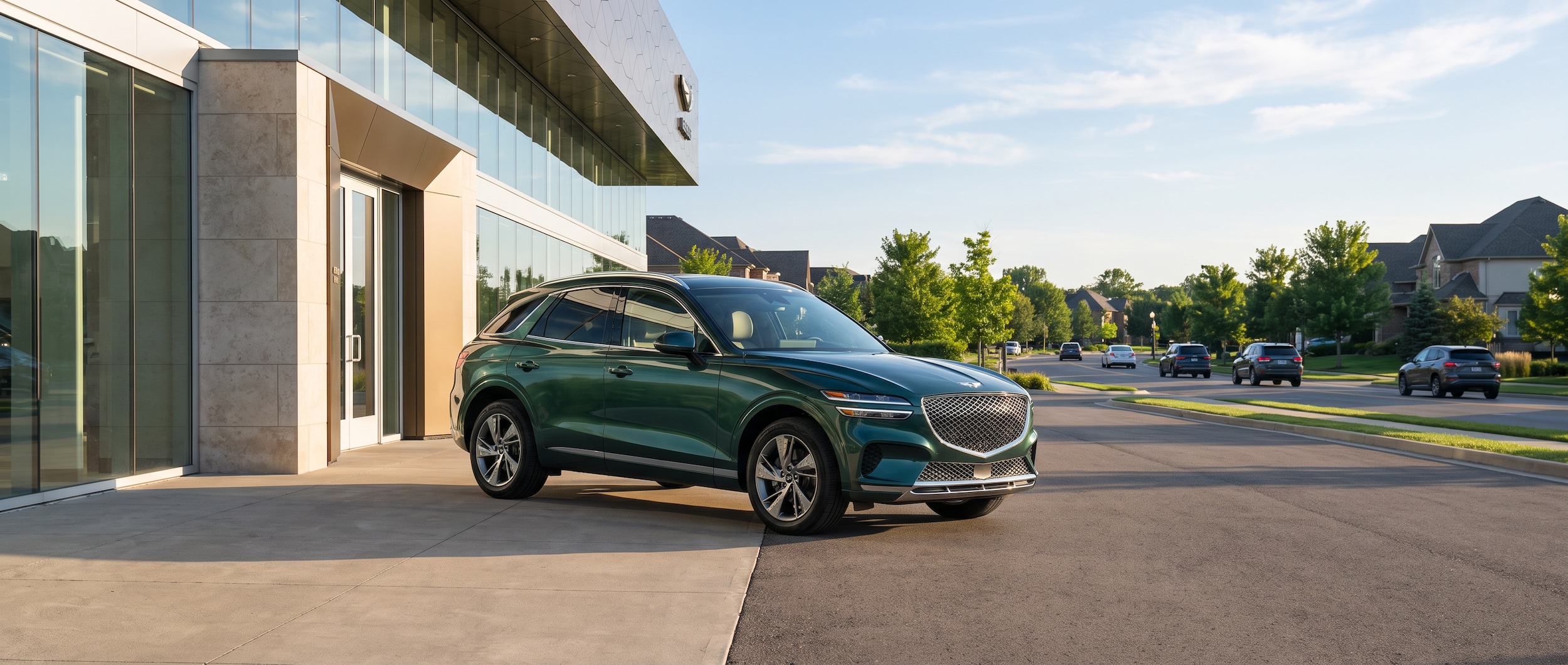 A 2026 Genesis GV70 parked at the entrance of a modern luxury dealership on a bright summer afternoon in Nashville, Tennessee, with a clear suburban road visible in the background