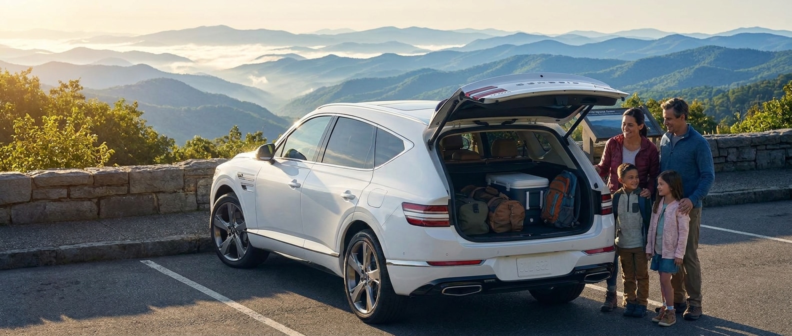 2026 Genesis GV80 at a Great Smoky Mountains overlook with rear liftgate open, Tennessee summer road trip