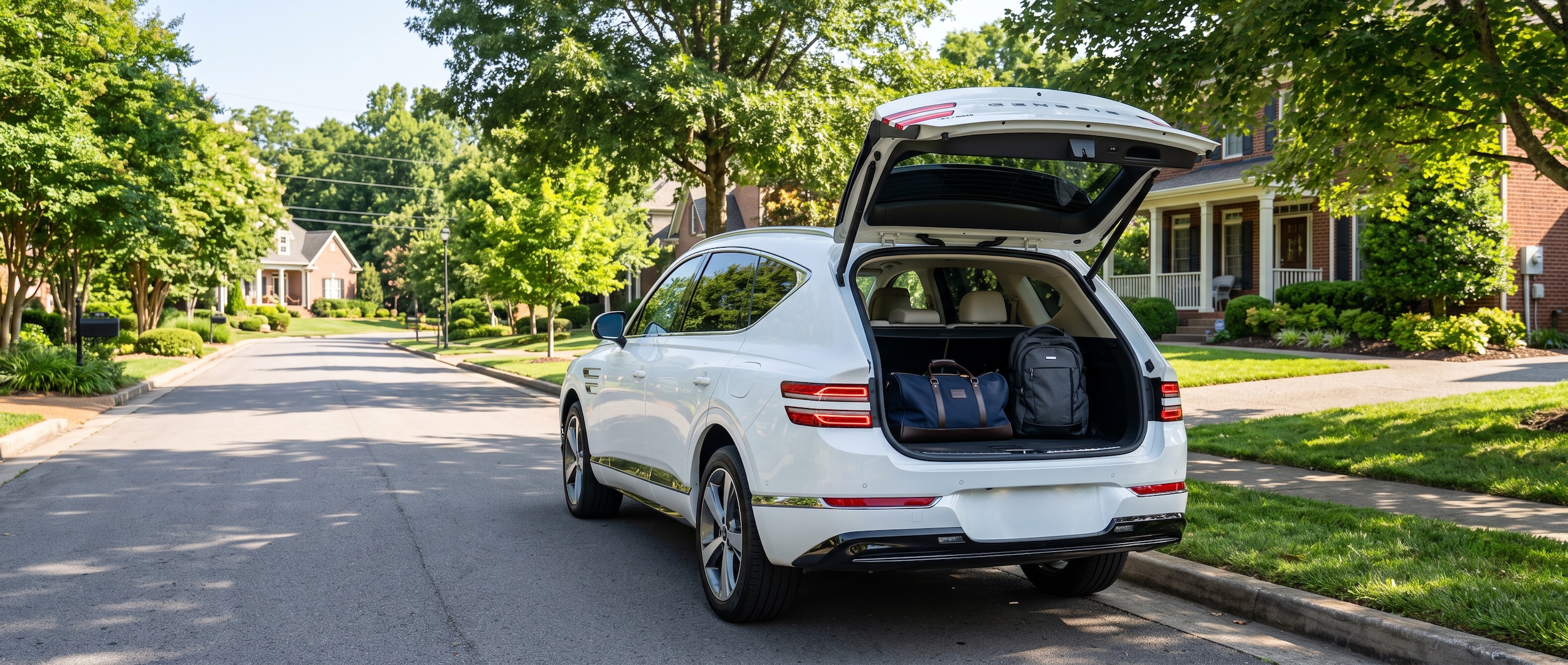 A 2026 Genesis GV80 in white parked on a tree-lined suburban street in Brentwood, Tennessee on a sunny summer morning, rear liftgate open with a duffel bag and backpack visible in the cargo area, green foliage in the background