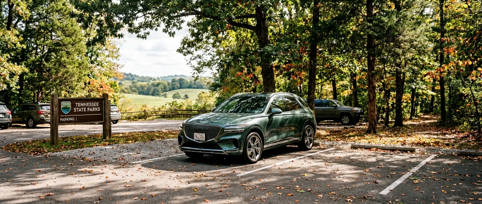 2026 Genesis GV70 parked near Radnor Lake State Park in Nashville, TN on a clear autumn morning