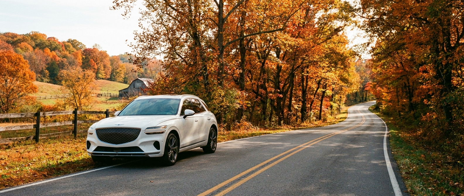 2026 Genesis GV70 on a winding Middle Tennessee road in fall foliage