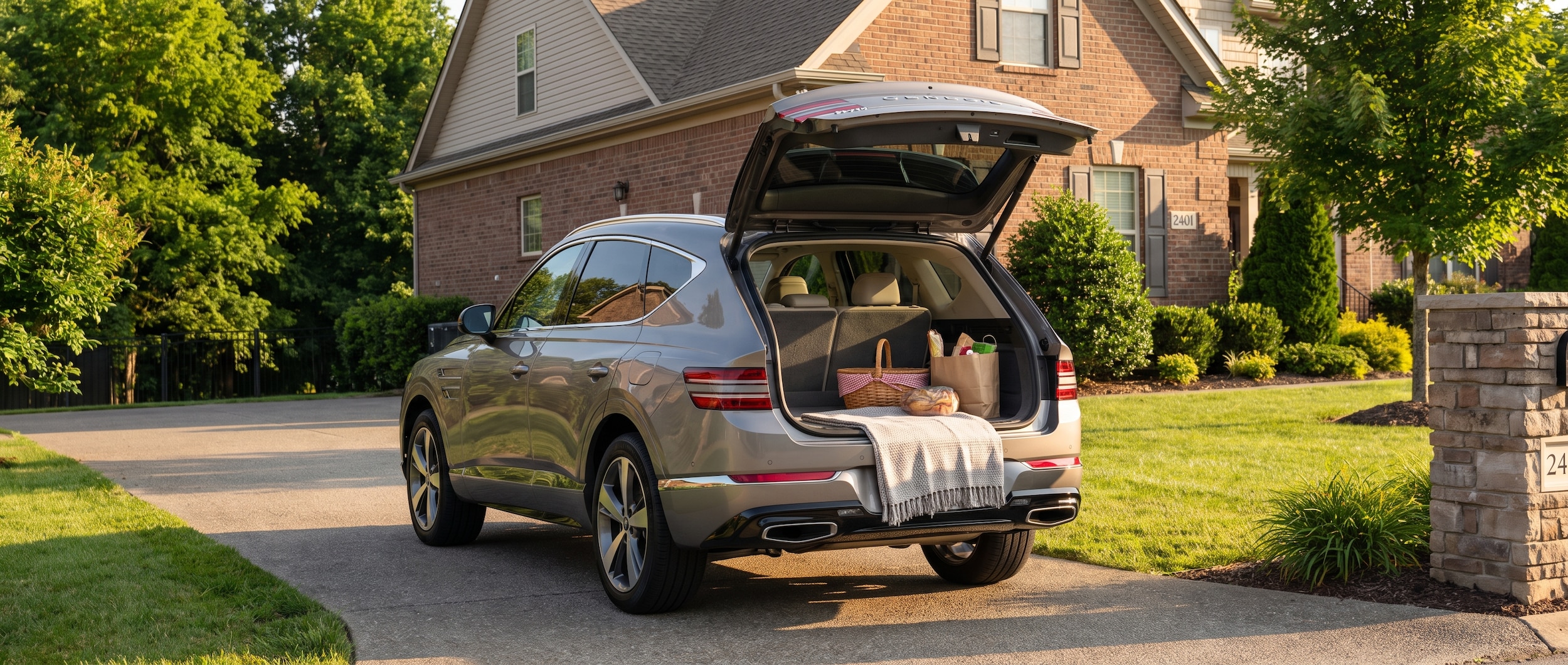 2026 Genesis GV80 in a warm gray finish parked in front of a suburban Middle Tennessee home with green summer foliage, rear liftgate slightly open revealing cargo area, golden late-afternoon light