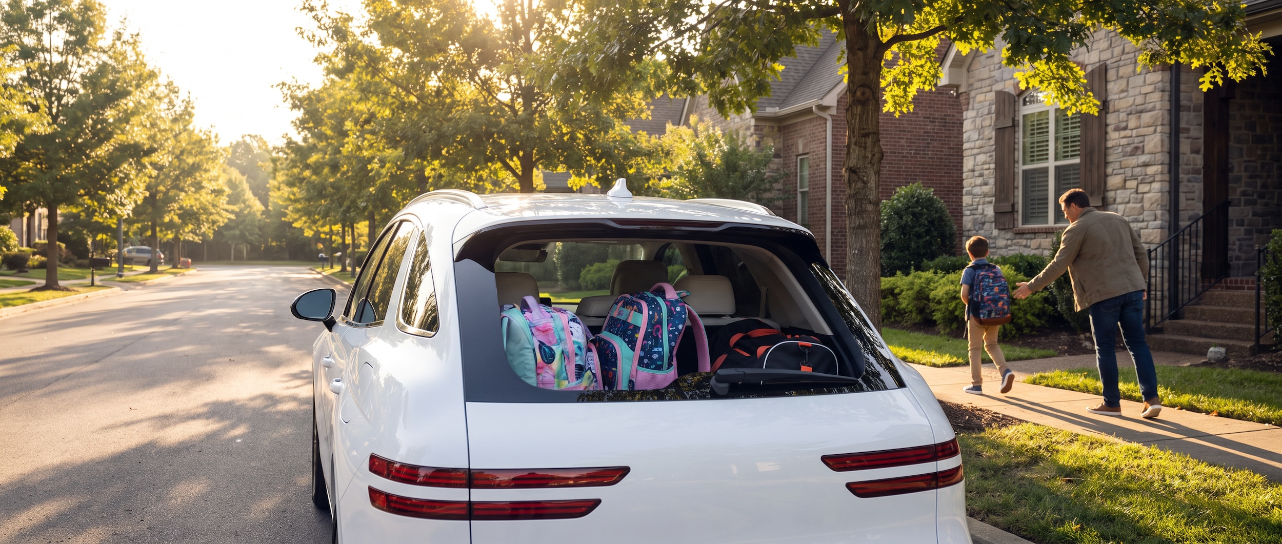 A 2026 Genesis Electrified GV70 in white parked in a tree-lined Nolensville suburban neighborhood, school backpacks visible in the rear cargo area, morning light suggesting a school-day drop-off moment