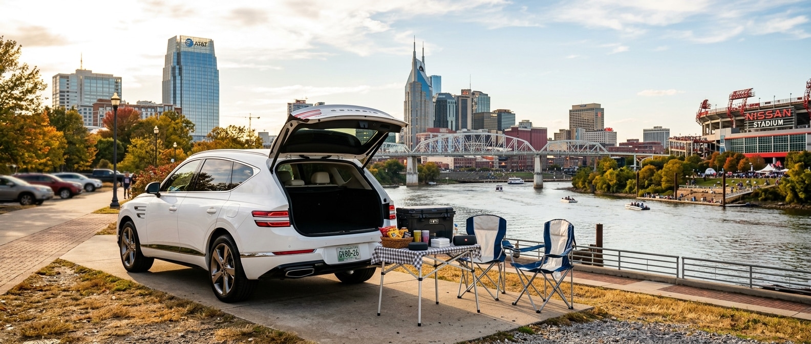 2026 Genesis GV80 tailgate open at Nissan Stadium East Bank parking lot, Nashville, TN, fall game day