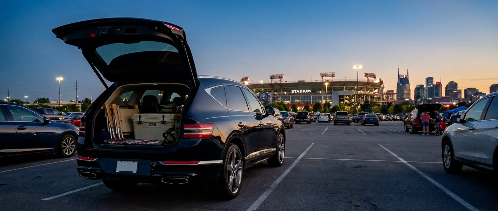 2026 Genesis GV80 with liftgate open in a stadium parking lot at dusk in Nashville, Tennessee