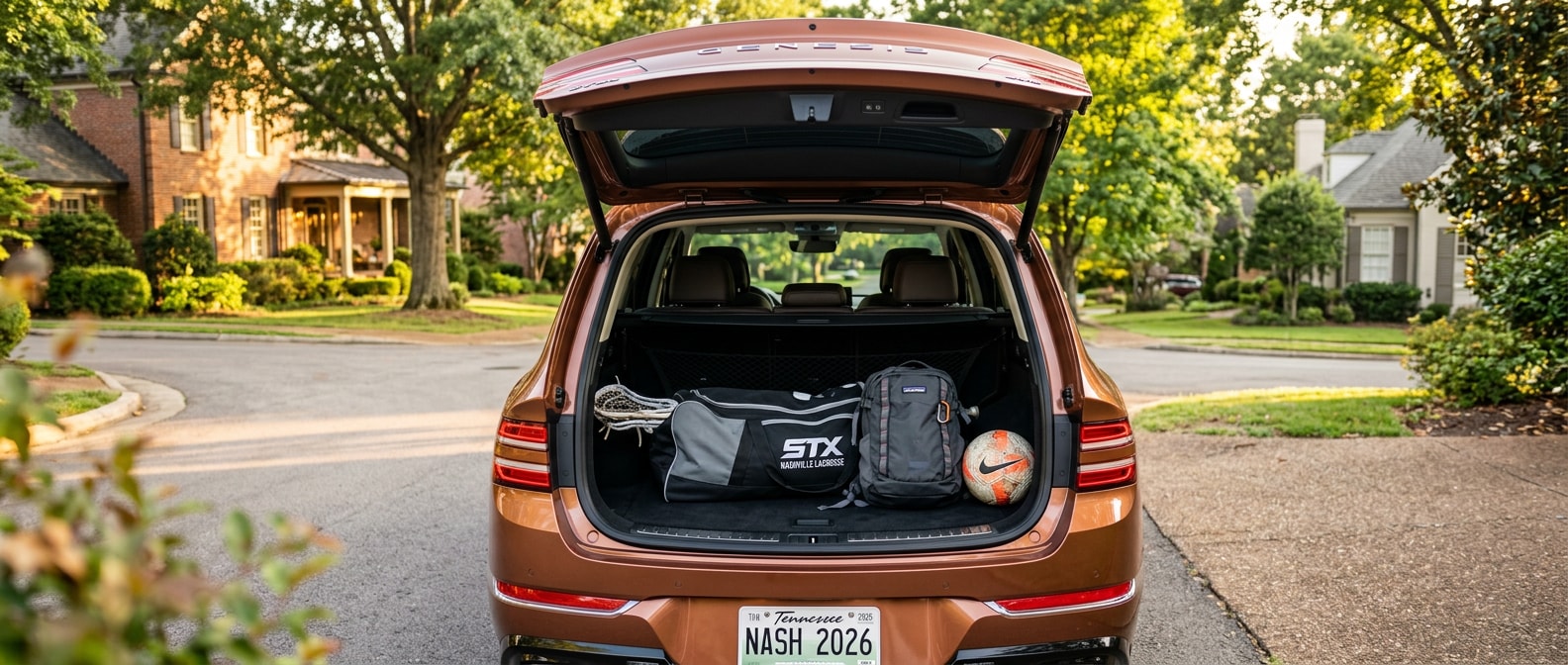 A 2026 Genesis GV80 in a warm metallic finish, rear liftgate open to reveal a spacious cargo area loaded with a lacrosse bag, a backpack, and a soccer ball, photographed in a suburban Nashville setting with late-summer afternoon light
