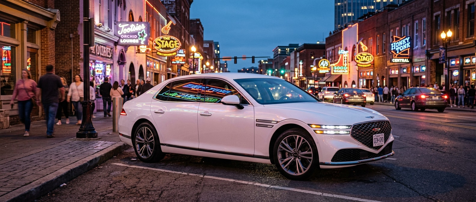 2026 Genesis G90 parked on Broadway in downtown Nashville at dusk before a game night