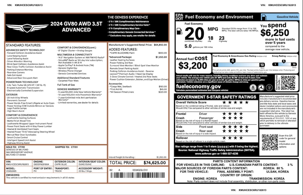 Certified 2024 Genesis GV80 3.5T 3.5T AWD 7P