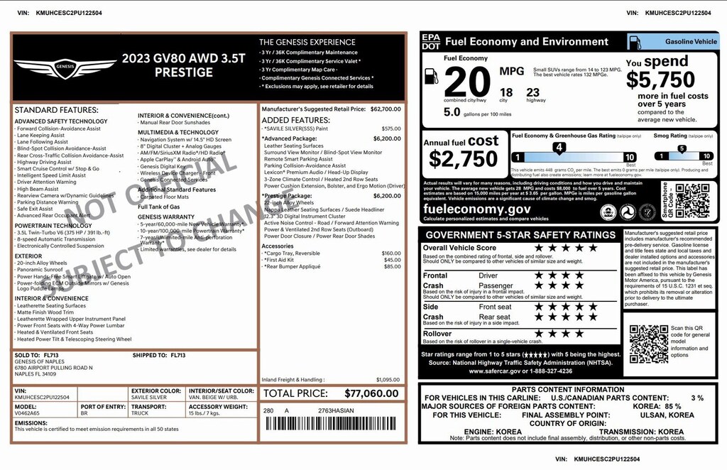 Certified 2023 Genesis GV80 3.5T 3.5T AWD