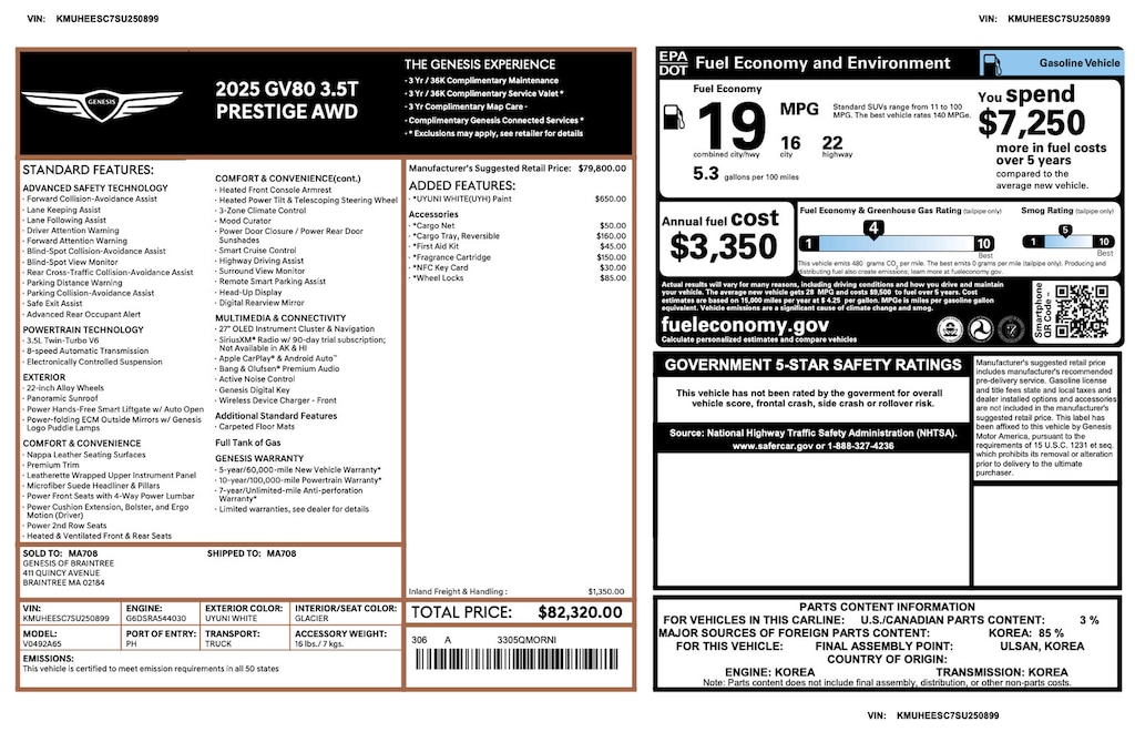 Certified 2025 Genesis GV80 3.5T Prestige 3.5T Prestige AWD