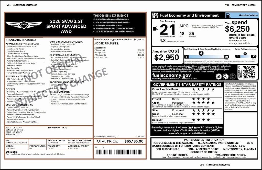 Certified 2026 Genesis GV70 3.5T Sport Advanced 3.5T Sport Advanced AWD