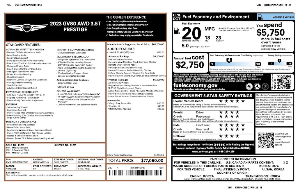 Certified 2023 Genesis GV80 3.5T Prestige 3.5T AWD