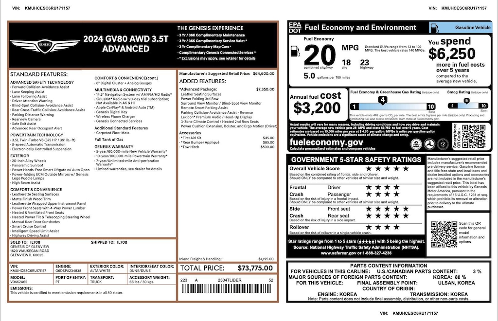 Certified 2024 Genesis GV80 3.5T 3.5T AWD 7P
